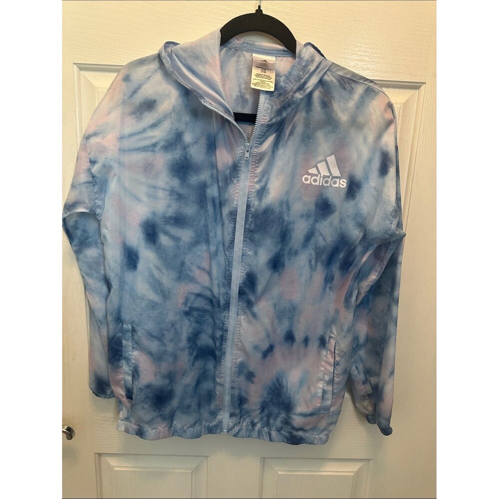 adidas Blue and Pink Tie-Dye Zip Hooded Lightweight Windbreaker Size L